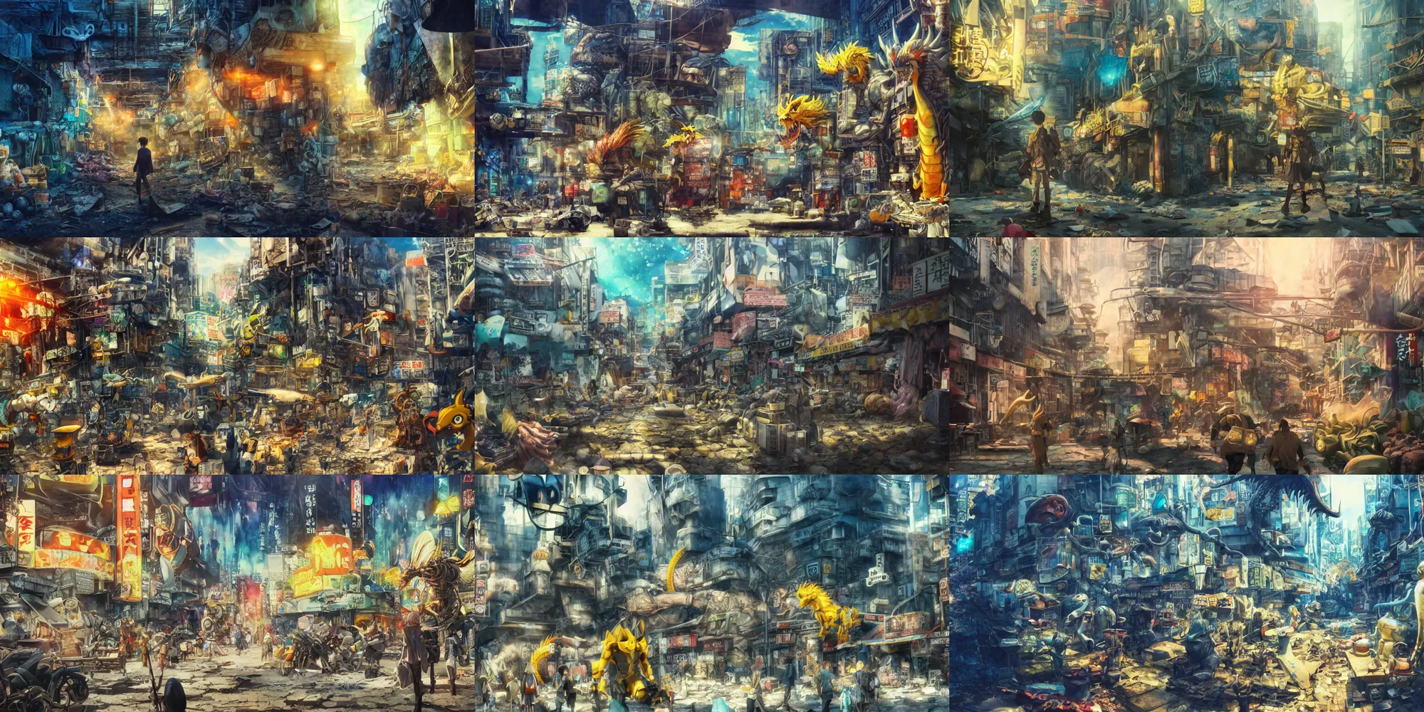 Prompt: incredible anime movie scene, watercolor, underwater market, coral, harsh bloom lighting, rim light, abandoned city, paper texture, movie scene, caustics shadows, deserted shinjuku junk town, old pawn shop, bright sun bleached ground, pipes, yellow dragon head festival, robot monster in background