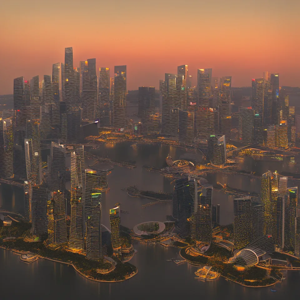 Image similar to a detailed painting overlooking the Marina Bay Sands in Singapore at dusk. By Robert Bechtle, Paul Kratter, Geri Keary, Simon Stålenhag. Digital art, warm, CGSociety, Octane. Trending on ArtStation, 8k, UHD, HDR