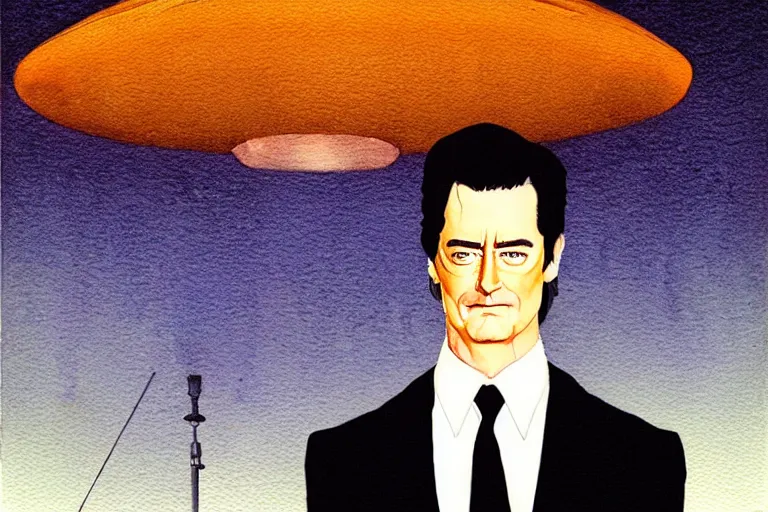 Image similar to a hyperrealist watercolour character concept art portrait of kyle maclachlan from twin peaks on well lit night in the forest with city lights. a ufo is in the background. by rebecca guay, michael kaluta, charles vess and jean moebius giraud