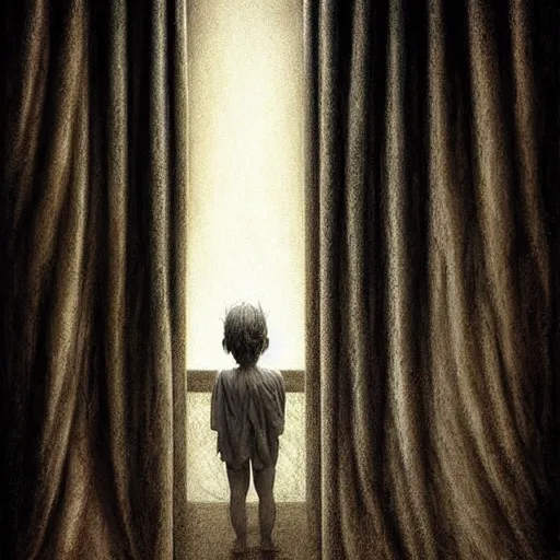 Image similar to Curtain Ghost by Mark Arian, dark, horror, surrealism, horror scene of a child staring outside the window. Screaming for help by Santiago Caruso, Stefan Koidl and Kentaro Miura