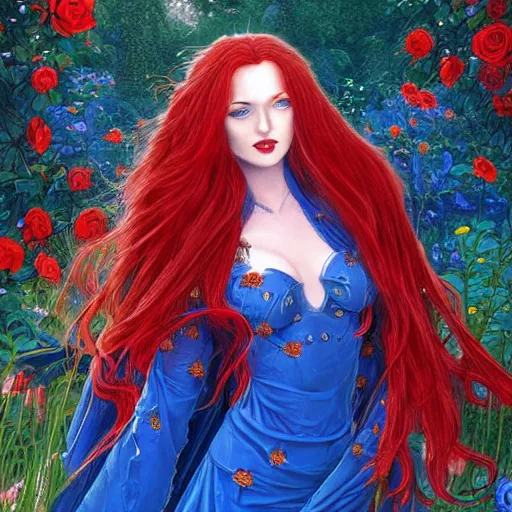 Image similar to a beautiful warrior woman, red hair, blue dress, detailed, rose garden, by john howe _ h 7 0 4