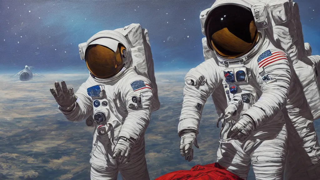 Image similar to an astronaut among goliaths in a landscape, oil on canvas, painting, 4k, wide shot