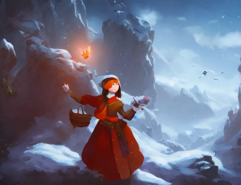 Prompt: bird alchemist girl in the flowering snowy mountains. complementary colors, indie concept art, luminescent, 4 k, chiaroscuro, backlighting.