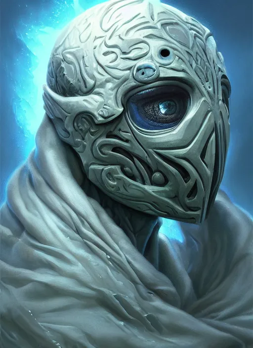 Image similar to winter blizzard mf doom reptile eyes, blue frozen glacier skin. intricate, elegant, highly detailed, centered, digital painting, artstation, concept art, smooth, sharp focus, illustration, artgerm, tomasz alen kopera, peter mohrbacher, donato giancola, joseph christian leyendecker, wlop, frank frazetta