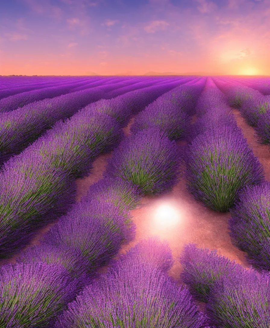 Prompt: lavender fields at sunrise, ultrawide angle cinematic view, ultra realistic, vibrant colors, detailed, cinematic, photorealism, unreal engine, octane render
