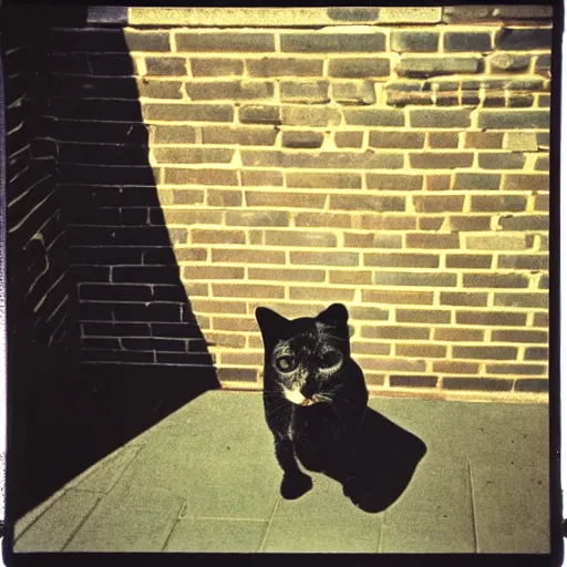 Image similar to wide - shot low - angle ant's eye view, sharp shadow!! of a cat!! on the brick wall outside, polaroid photo, by andy warhol