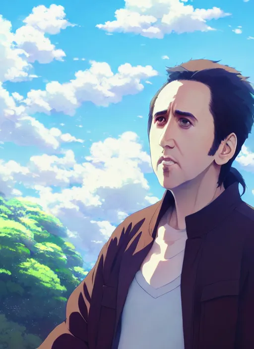 Image similar to portrait of nicolas cage, cloudy sky background lush landscape illustration concept art anime key visual trending pixiv fanbox by wlop and greg rutkowski and makoto shinkai and studio ghibli