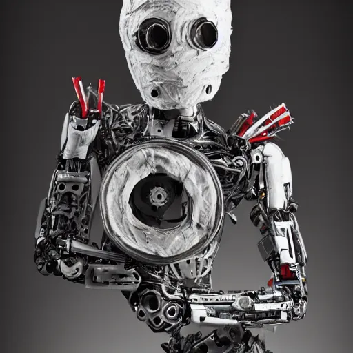 Image similar to papier - mache cyborg. studio lighting, canon 5 d 5 0 mm lens