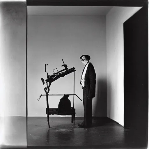 Image similar to underexposed photo of Marcel Duchamp in a room full with an ancient machine, tri-x, Irving Penn, Jeff Wall, archival pigment print, contemporary art