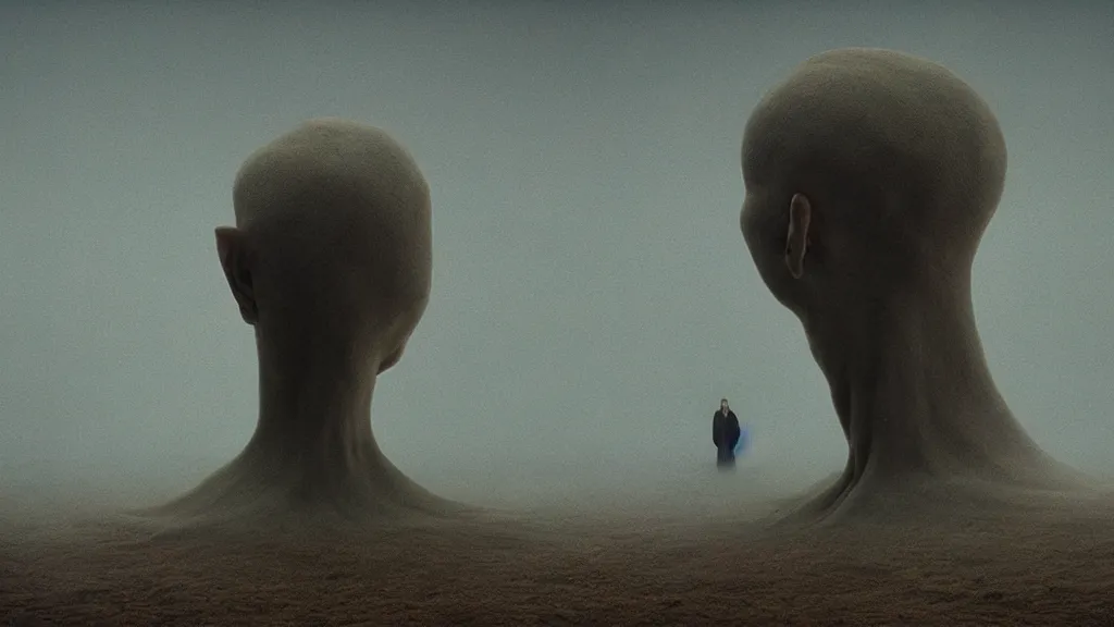 Prompt: a strange creature moves the human head, film still from the movie directed by Denis Villeneuve with art direction by Zdzisław Beksiński,