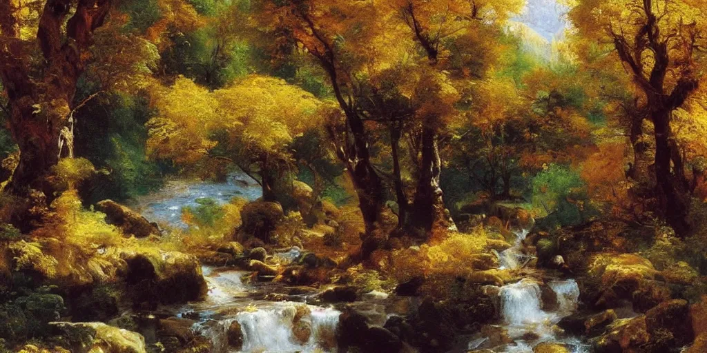 Image similar to single maple tree growing in grand cayon, stream, thomas moran, oil painting, highly detailed, masterpiece