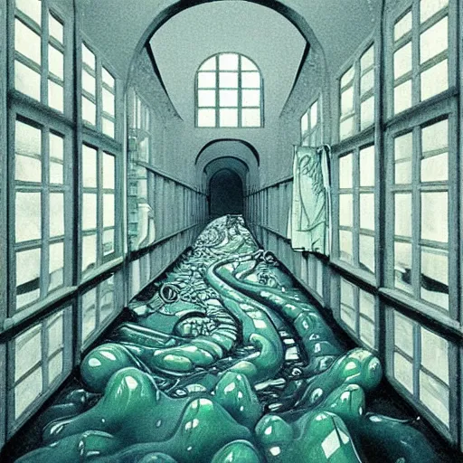 Image similar to a flood of slime in a bright white hallway with many doors and many stairs, Mc Escher architecture, epic composition, by Makoto Shinkai