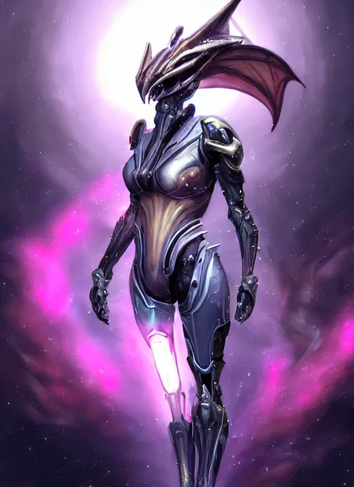 Prompt: detailed cinematic shot, cosmic sized perfectly proportioned stunning beautiful hot female warframe, detailed cyborg female dragon head, mecha dragon head, silver armor, fuschia leds, floating in empty space, nebula sized, holding a planet, epic proportions, epic size, epic scale, furry art, dragon art, giantess art, warframe fanart, furaffinity, deviantart