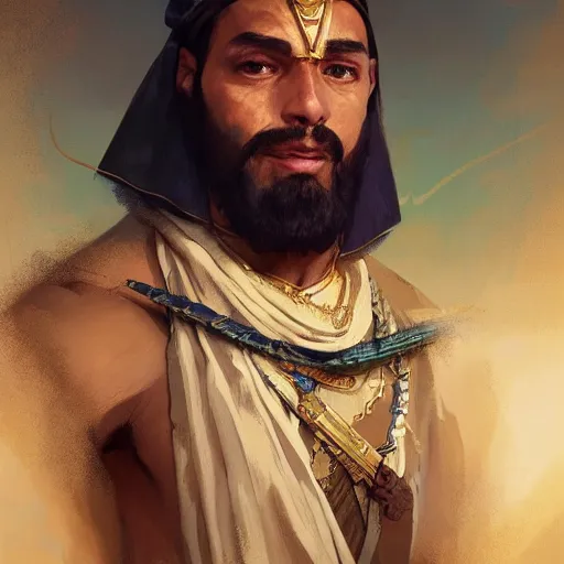 Image similar to egyptian nobleman, portrait, D&D, fantasy, highly detailed, digital painting, artstation, concept art, sharp focus, illustration, art by artgerm and greg rutkowski and alphonse mucha