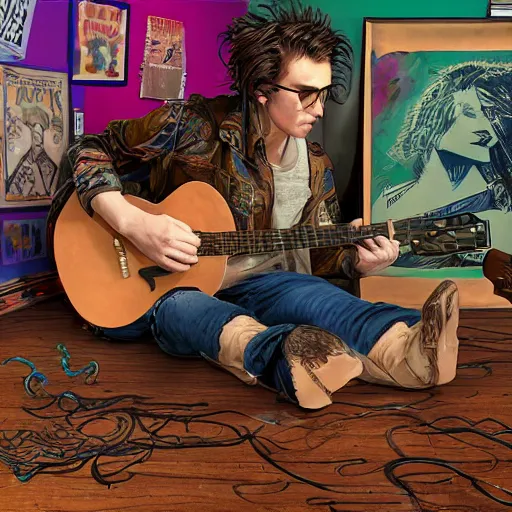 Prompt: pretty punk rock young man mid 20s clean shaven with messy very long curly dark brown hair falling in his face and a band tee painting in a vintage 80s artist studio interior, old wood floors, musical instruments and band posters, messy maximalist interior, warm, painting by Craig Mullins, octane rendering, soft morning lighting, wide angle lens, low view, in the style of Hayao Miyazaki, trending on artstation,