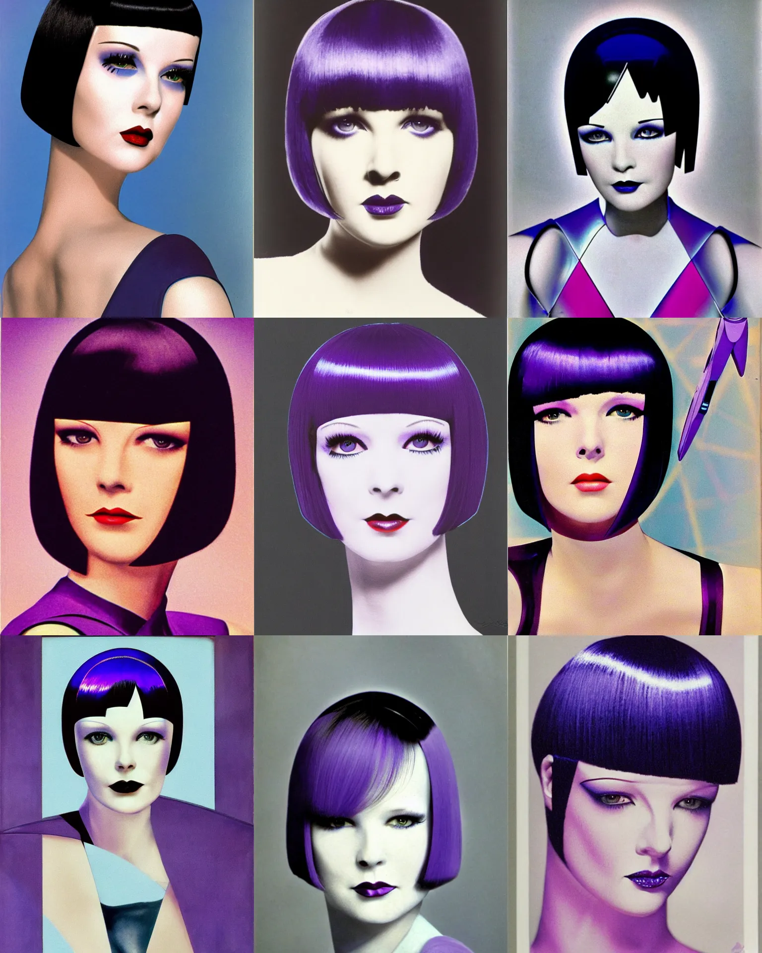 Prompt: mary louise brooks, robotic look, 1 9 8 0 s airbrush, line lighting patterns, blue rim lighting, triangle makeup, purple shiny bob haircut