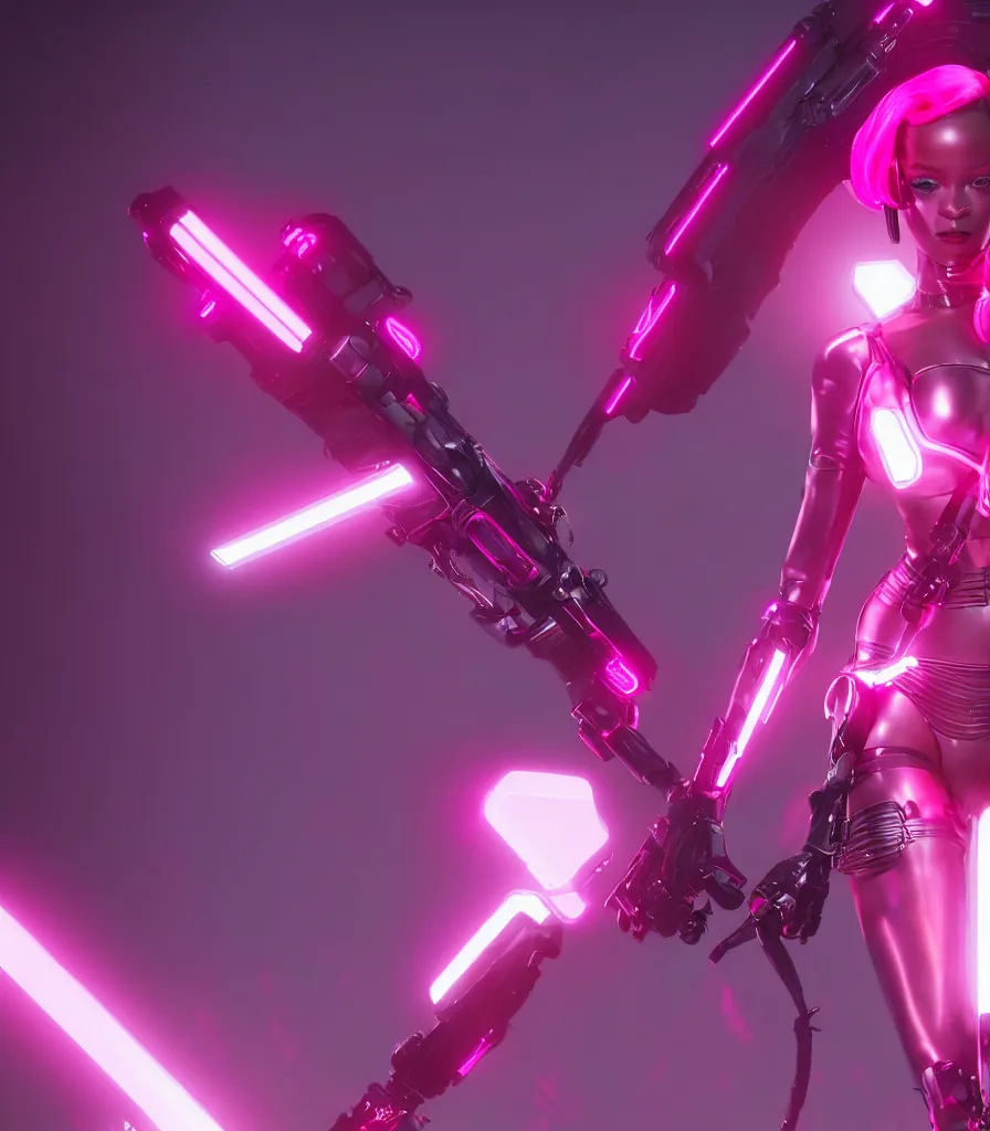 Image similar to cinematic, photography, a beautiful rihanna cyborg, perfect bionic body, pink chrome armor, neon holographic ui data displays, pink space gun, hajime sorayama, masamune shirow, octane rendered, 4 k, lens flare,