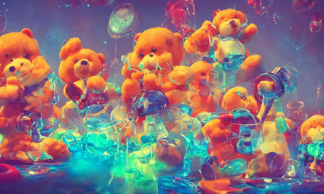 Prompt: Teddy bears mixing sparkling chemicals as mad scientists as a 1950s Saturday morning cartoon, vivid colors, high details, cinematic, 8k resolution, beautiful detailed, photorealistic, digital painting, artstation, concept art, smooth, sharp focus, illustration, fantasy background, artstation trending, octane render, unreal engine