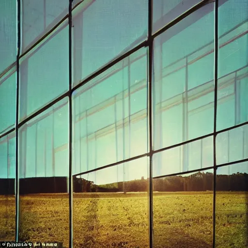 Image similar to a pastel coloured Polaroid photo of a large cube made of transparent neon perspex, each pane is a different colour stood in a field, beams of light, nostalgic