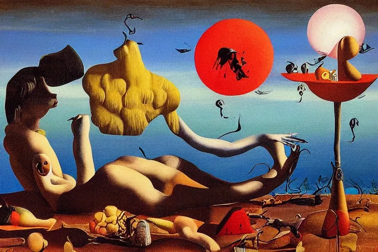 Prompt: summer is winding down waiting for autumn a surreal painting in the style of max ernst and salvador dali