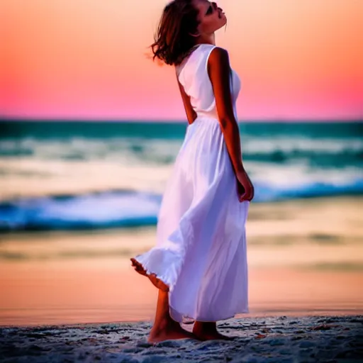 Image similar to a beautiful photograph of a woman in a white dress on the beach at sunset, by krysia lukkason