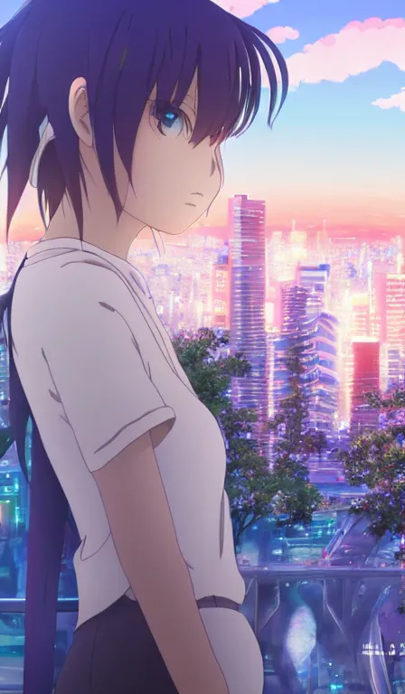 Image similar to anime fine details portrait of Mizore Shirayuki in front of modern tokyo city landscape on the background deep bokeh, close-up view, anime masterpiece by Studio Ghibli, 8k, sharp high quality anime, artstation