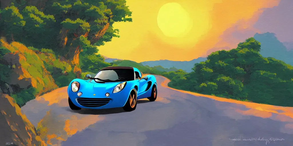 Prompt: blue lotus elise on a windy mountain road at sunset, art by studio ghibli