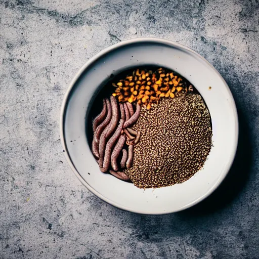 Prompt: a delicious bowl of earthworms sprinkled with birdseed, food photography