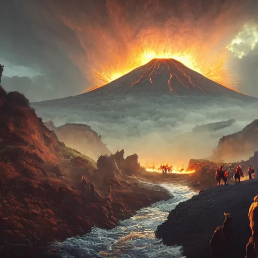 Prompt: A group of adventurers traversing a fantastical landscape, crossing a rickety bridge over a river of lava, with a active volcano in the background, by Tyler Jeffers and Tait Howard and Greg Rutkowski, top-rated, award winning, neon, sharp, no blur, details, artstation, 8K