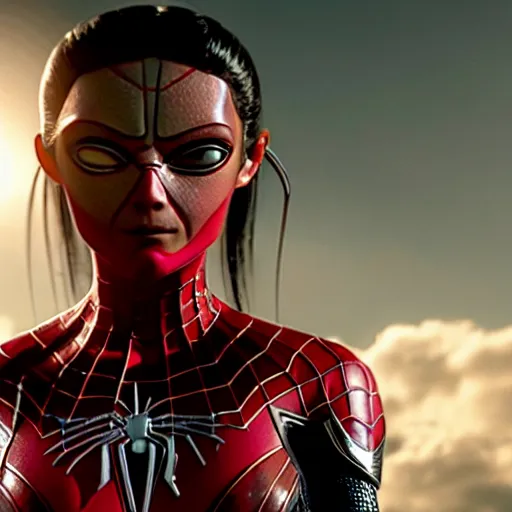 Image similar to cinematic still of spiderwoman in alita : battle angel ( 2 0 1 9 ), xf iq 4, f / 1. 4, iso 2 0 0, 1 / 1 6 0 s, 8 k, raw, dramatic lighting, symmetrical balance, in - frame