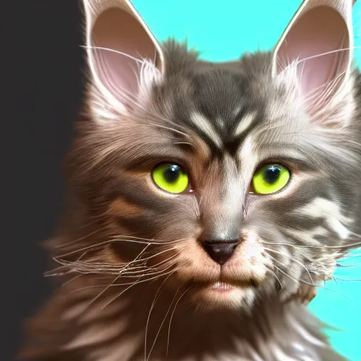 Image similar to eye - level view, a super cute maine coon kitten ate my homework in my room and woke up the next day smart, hilarious, funny, frenetic high energy, back to school comedy, cg animation, 3 d octane render, imax 7 0 mm, rtx,