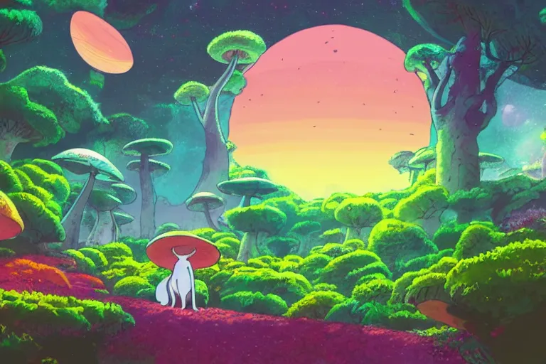 Prompt: illustration of a cat in a colorful forest landscape, giant mushrooms, sunset, unknown planet, by studio ghibli, rick and morty style. anime film, cinematic shot, artstation, insanely detailed, 4 k.