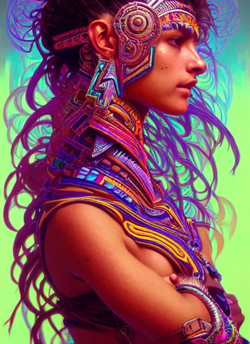 Prompt: hyper detailed ultra sharp of a beautiful tribal aztec trance girl. trending on artstation, warpaint aesthetic, earthwave, colorful, psychedelic, ornate, intricate, digital painting, concept art, smooth, sharp focus, illustration, art by artgerm and greg rutkowski and alphonse mucha, 8 k