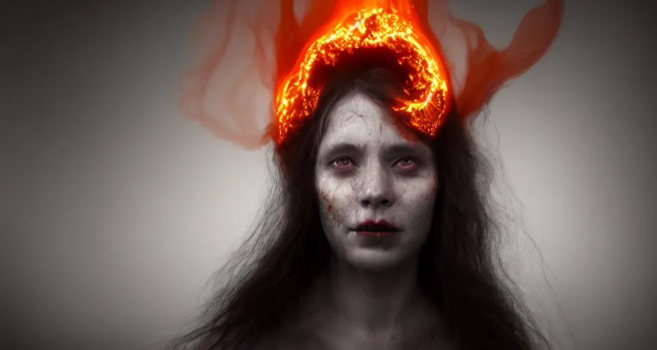 Image similar to portrait of a woman with horns made of flames in the wisps of thick smoke, horror, creepy vibe, looking into the camera, nightmare fuel, studio photography, studio lighting, realistic render, octane render, 4 k, 8 k, face in focus