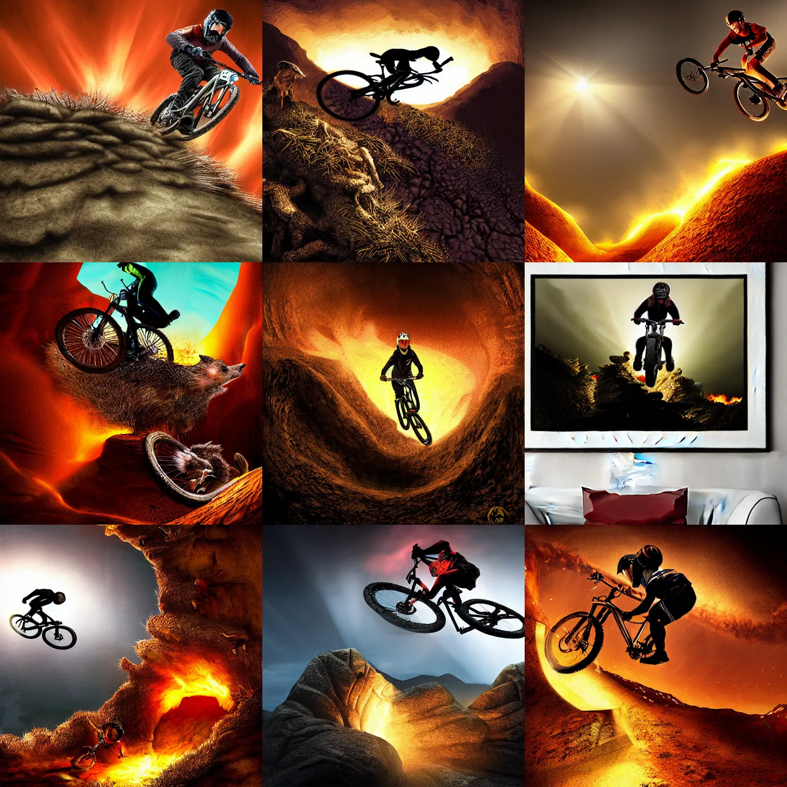 Prompt: mountain biker jumping over a hedgehog into the depths of hell, dramatic lighting, intricate, digital art