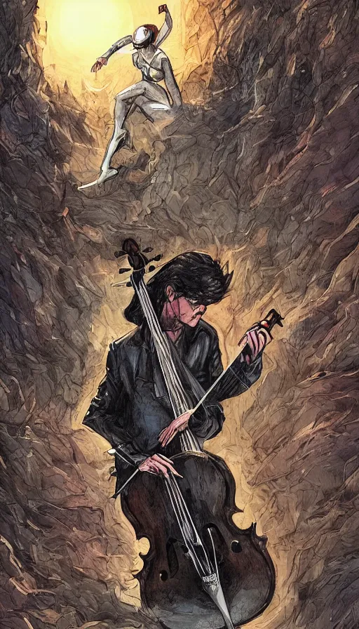 Prompt: a digital illustration of a cellist playing in an apocalyptic landscape, marvel comics, by Pascale Blanche