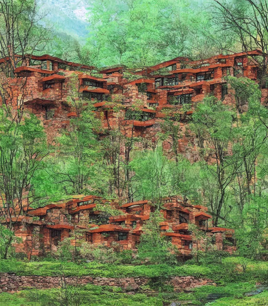 Prompt: of a green spring mountain athmosphere with beautiful forest permeated by a magical river showing a multistory house in the architect style of frank loyd wright made out of natural stone bricks from the distance with mythical european mountains in the background, artstudio, colorful in the art style of Kerry Milligan