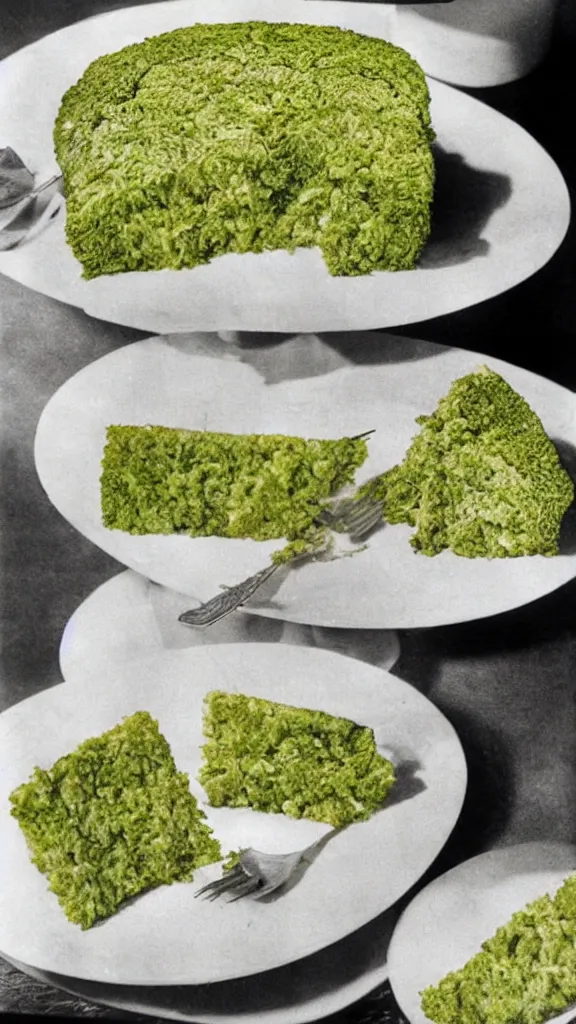 Image similar to 7 0 s food photography of a cake made out of broccoli and farts