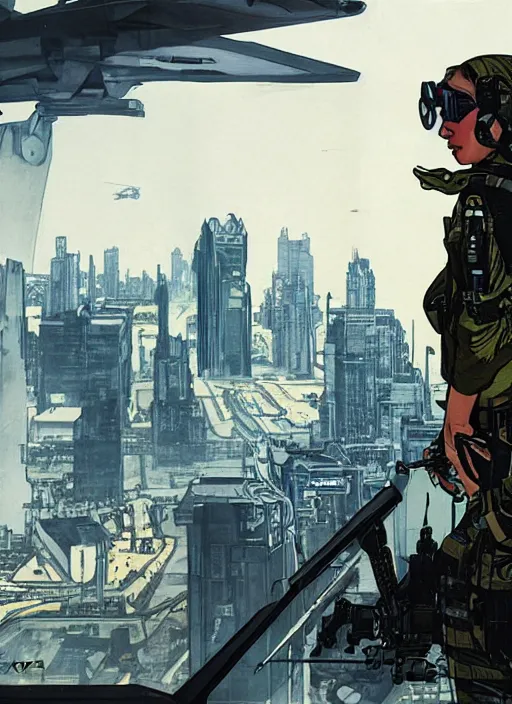 Image similar to Dinah. USN special forces operator looking at city skyline. Agent wearing Futuristic stealth suit. rb6s Concept art by James Gurney, Alphonso Mucha.