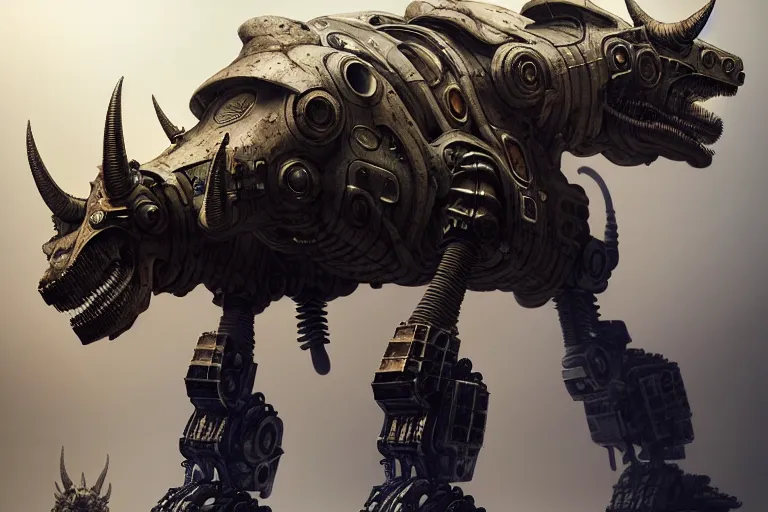 Image similar to triceratops in a cyborg mech suit, by alexandre ferra, zezhou chen, peter gric, mohamed reda and hr giger, hyper detailed, screen print, character concept art, realistic, coherent, octane render, zbrush central, behance hd, hypermaximalist