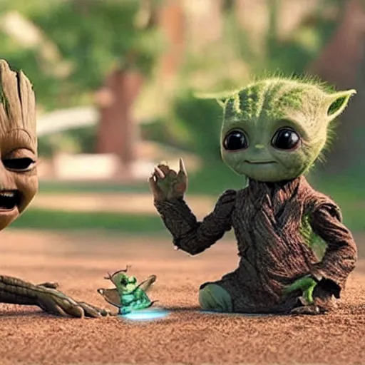 Prompt: baby groot and baby yoda having fun playing games, highly detailed