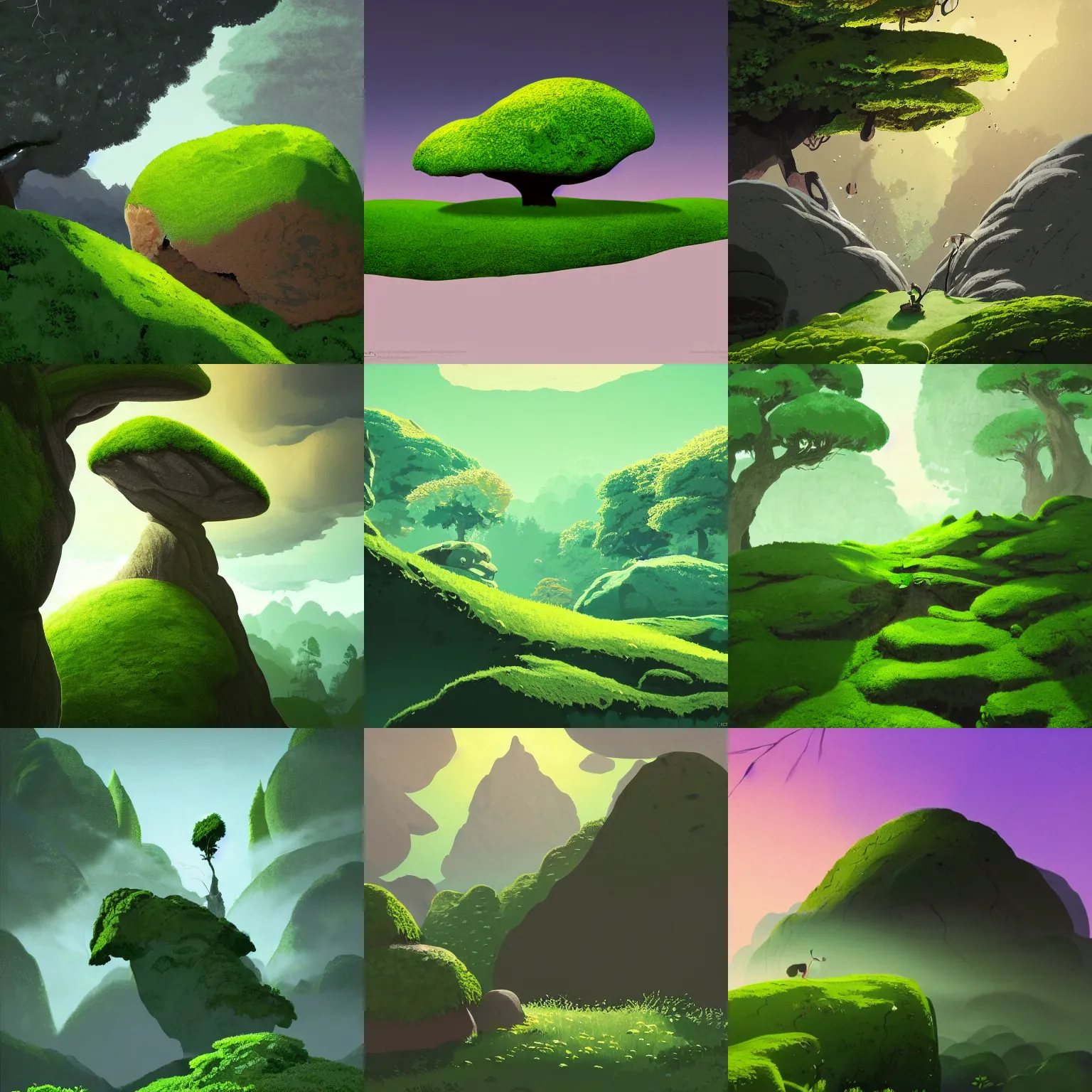 Prompt: boulder covered with moss fly in the sky, in gentle green dawn light, sky background, eyvind earle, studio ghibli painting, cinematic lighting, volumetric lighting, smooth, sharp focus, highly detailed, render in unreal engine 5, artstation, deviantart, behance, trending, epic composition, octane, light rays, award - winning