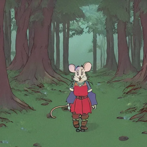 Image similar to an anthropomorphic mouse dressed in medieval clothing, studio Ghibli, walking through a lush forest