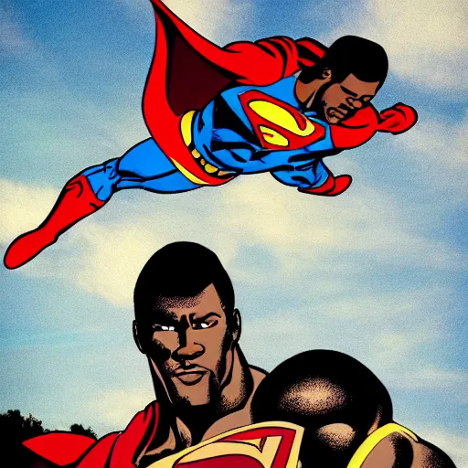 Image similar to black superman flying. super dialed. super muscled