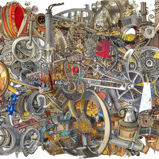 Image similar to a chaotic scene of a crazy machine with lots of details and contraptions. there are many pairs of scissors visible. the illustration is very detailed and intricate, with a lot of small elements that come together to create a cohesive whole. it uses a limited palette of colors, which helps to create a cohesive and unified look.