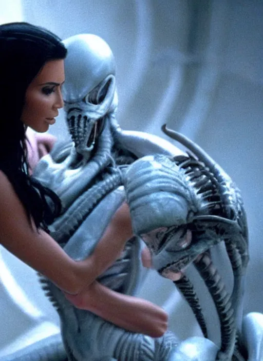 Image similar to film still of kim kardashian being held by an xenomorph in Alien.