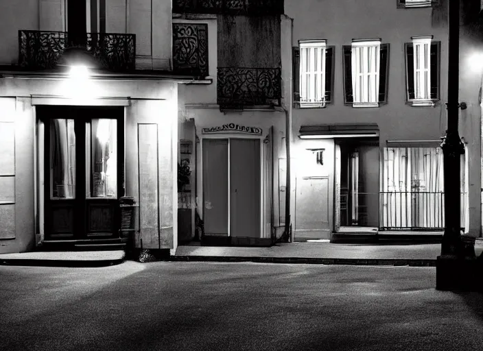 Image similar to small suburban houses in Paris at night inspired by Edward Hopper, Photographic stills, photography, fantasy, moody lighting, dark mood, imagination, cinematic