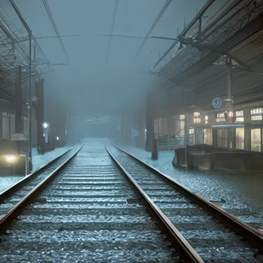 Image similar to photo of a train station, the floor is flooded with one meter deep water. eerie, volumetric lighting. highly - detailed 4 k