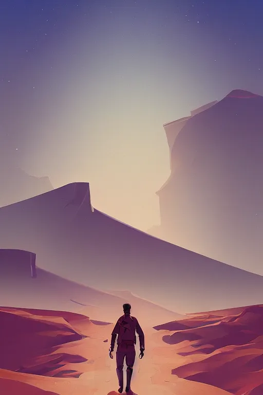 Prompt: painting of a man walking across a desert, poster art by james gilleard, cgsociety, fantasy art, poster art, concept art, angular