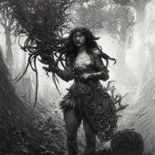 Prompt: A Girl warrior in a dark forest chassing by geants vegetables. By James Jean, By Gustave Doré. Trending on artstation